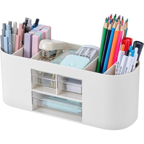 Organisateur de Bureau avec 6 Compartiments et 3 tiroirs Gain de Place Multifonctionnel en Blanc (1/5)