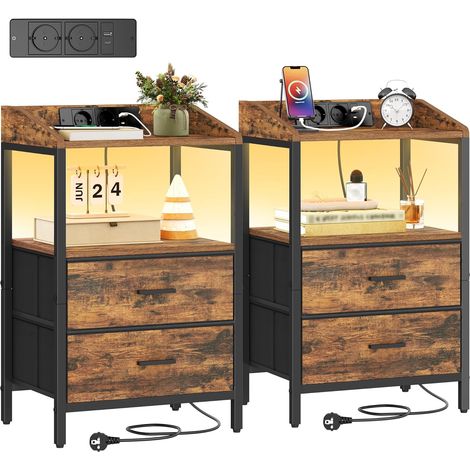 Comodini Set di 2 con Luci LED e Stazione di Ricarica, Tavolino Moderno con Porte USB e Prese di Corrente, Comodini con Ripiano Aperto per Camera da Letto, Soggiorno, Marrone Vintage e Nero (1/5)