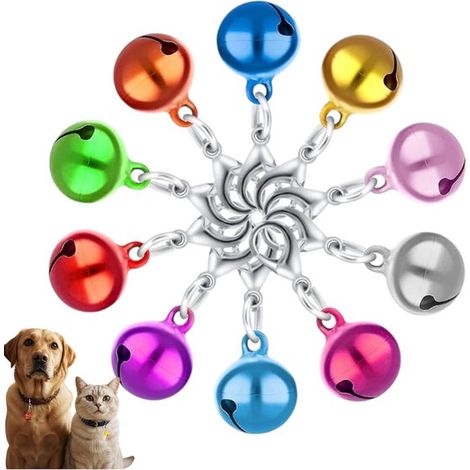 Lot de 10 clochettes colorées pour colliers de chats et de chiens. Clochettes pour animaux de compagnie. Couleurs variées. Clochettes en métal colorées avec mousqueton. Petites clochettes pour collier (1/5)