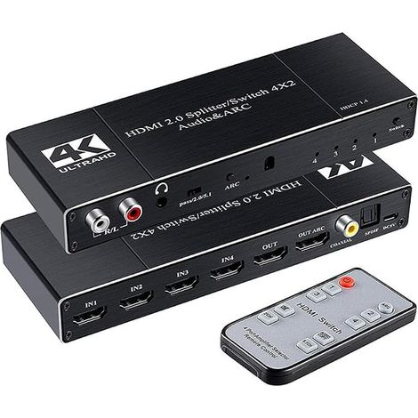 HDMI Switcher Splitter, HDMI 2.0 Audio commutateur Arc Répartiteur de Commutation HDMI 4 en 2 Sorties avec Port Optique coaxial 3,5 mm L/R avec télécommande IR (1/4)