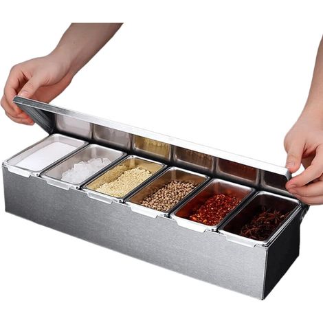 Scatola porta spezie in acciaio inox con 6 scomparti per mescolare frutta e altri prodotti alimentari.