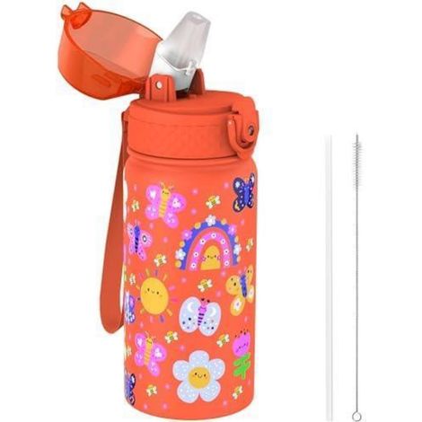 Kinder Trinkflasche 420ml Edelstahl mit Strohhalm, doppelwandig, vakuumisoliert, BPA-frei