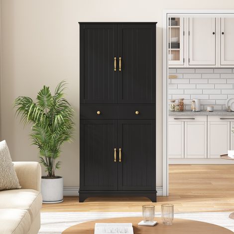 Haut meuble de rangement 77x40x181 cm noir en MDF avec étagères réglables et tiroirs (1/5)