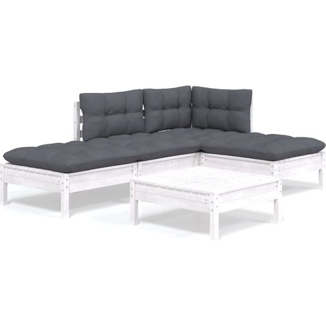 Salon de jardin 5 pcs Ensemble Table et Chaise de Jardin - avec coussins Blanc Bois de pin BV195776 - BonneVie (1/5)
