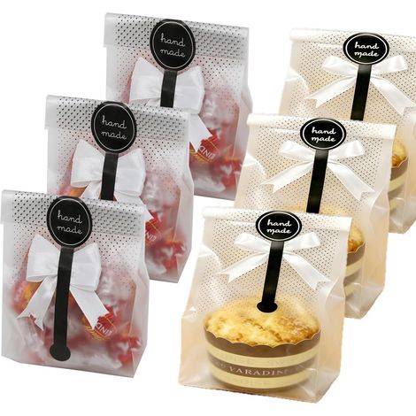 200 pièces sacs en plastique transparents pour biscuits/gâteaux/chocolat/bonbons avec autocollants (1/5)
