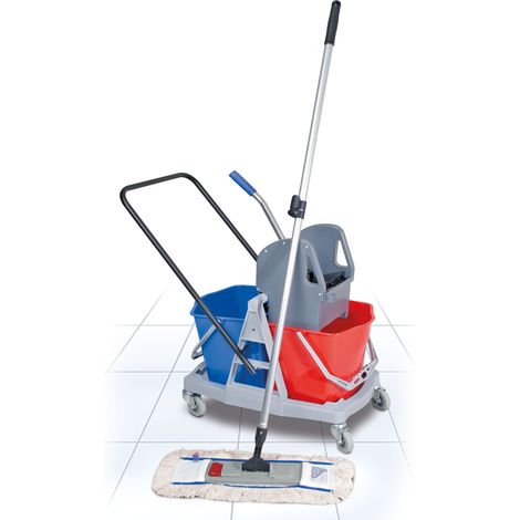 BRB Komplett-Set 8-teilig, Reinigungswagen mit 2 Eimern 17 Liter, Mopppresse, Alu-Teleskopstiel, Mopp-Halter, Profi-Wischmopp (1/2)
