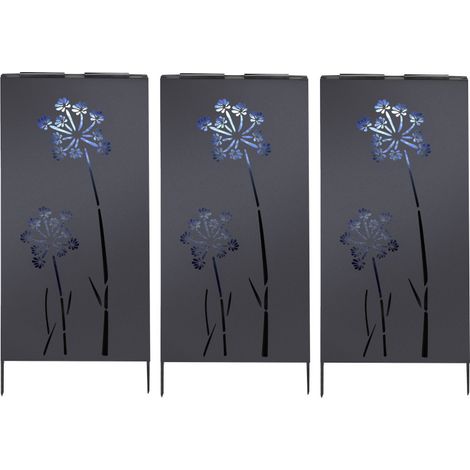 Lot de 3 Panneaux Occultants à Planter en Métal - Eclairage d'ambiance Blanc Froid Solaire Motif Floral - 50 x H 118 cm - Livraison gratuite