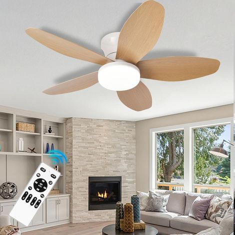 Ceiling Fan with Light and Remote Control, Dimmable Living Room Fan with 5 Blades, Ceiling Light, Bedroom Fan, Ceiling, Living Room, Office, Reversible, DC Motor - White-Wood (1/5)