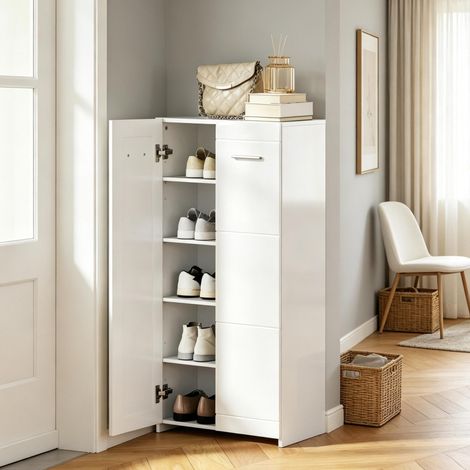 Meuble à chaussures 10 paires, 5 niveaux avec 2 étagères réglables, blanc brillant HAVRYA (1/5)