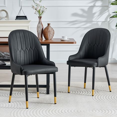 Pack de 2 sillas de comedor, respaldo con motivo de rayo y remates dorados, asiento acolchado de cuero sintético impermeable, negro (1/5)