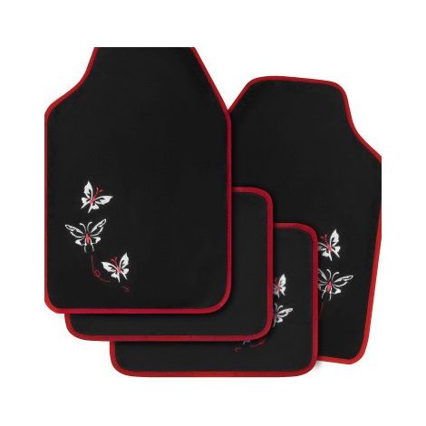 Tapis de Sol Set,Voiture Tapis UNI,Broderie Papillon,Protecteur, 4 pièces,Rouge et Noir (1/5)