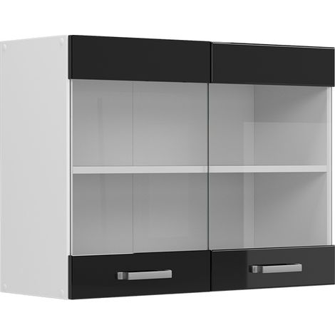 Hängeschrank R-Line, Schwarz Hochglanz, 80 cm mit Glastüren, Vicco