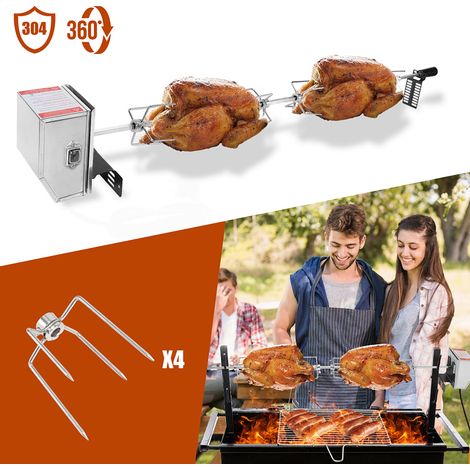 Jiubiaz Kit asador giratorio eléctrico 117 cm para barbacoa y ahumador, acero inoxidable, 4 tenedores, rotación 2 rpm