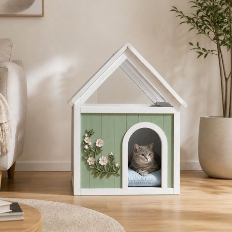 Maison pour chat et petit chien avec toit en acrylique, dessus table d'appoint, bois et plastique menthe (1/5)