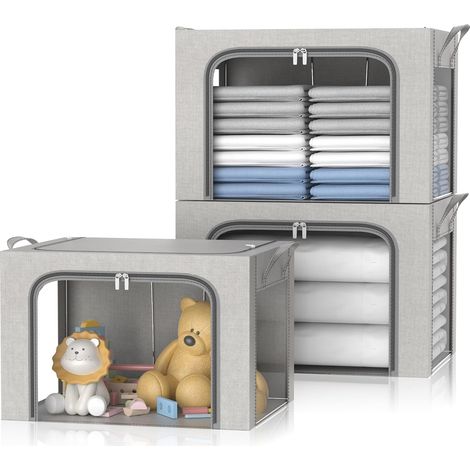 Lot de 3 boîtes de rangement imperméables pour vêtements - Cadre en acier Oxford - Double ouverture - Fermeture éclair et trois fenêtres transparentes pour ranger la literie, les couvertures (1/5)