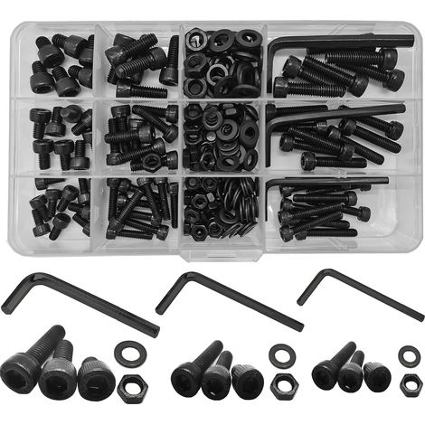 Kit d'écrous et boulons 219 pièces, M4 M5 M6 vis hexagonale intérieure noire, écrous et rondelles hexagonales intérieures, kit portefeuille avec clé (noir) (1/5)