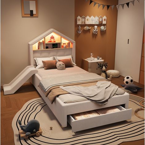 Cama infantil 90x200 cm beige con tobogán reversible, LED, enchufe, cabecero y arcón OKWISH (1/5)