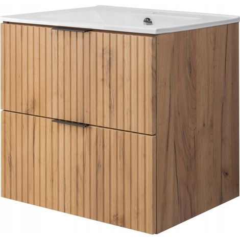 RODAN Waschtischunterschrank 60 cm Eiche Craft Gold Hängend mit Keramikwaschbecken geriffelte MDF-Front Soft-Close FLOW (1/5)