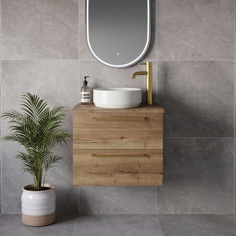 Napoli 390 Tobacco Oak 600mm Wall Mounted 2 Drawer Vanity Unit for Countertop Basins - 600mm - Brushed Brass 320mm Handle