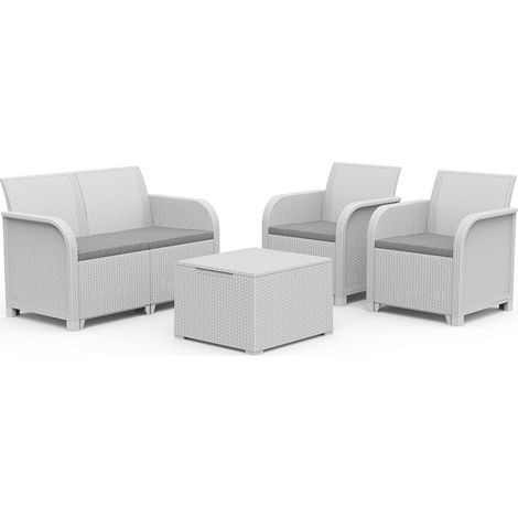 Salottino da Esterno Rosalie Lounge Set 4 Pezzi in Resina Effetto Rattan Colore Bianco con Divano, 2 Poltrone e Tavolino Contenitore Keter (1/5)