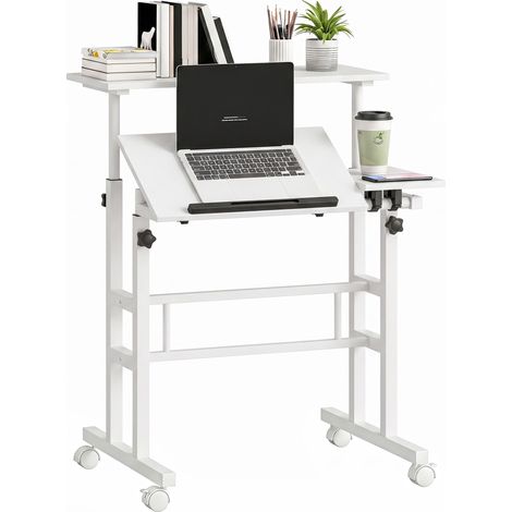 Bureau assis debout - HOMCOM - réglable en hauteur, à roulettes, plateau inclinable - métal bois - 70x60x70,5-120cm - blanc (1/5)