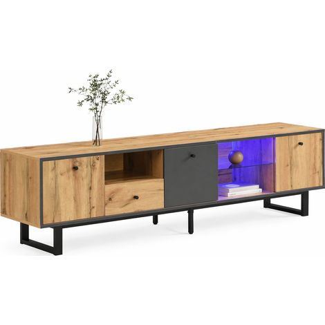 Mobile TV basso moderno con 3 ante, 3 vani e 1 cassetto, LED controllabili via app, ripiani in vetro, cerniere ammortizzate, colore legno e antracite CHICFURN (1/5)