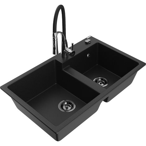 Mexen Tomas 2-Kammer-Granitespüle mit Küchenarmatur Aster, schwarz - 6516-77-73450-07-B (1/5)