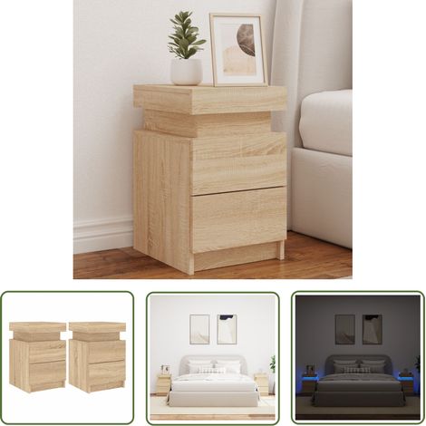 The Living Store Nachttische mit LED-Leuchten 2 Stk. Sonoma Eiche 35x39x55 cm - Nachttisch - Wohnzimmermöbel - Holznachtttische - LED-Nachttisch - Schlafzimmermöbel (1/5)