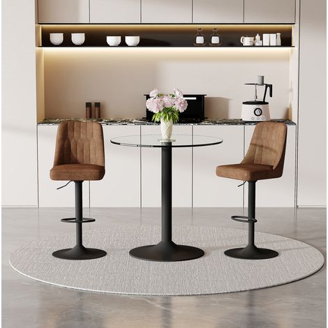 Bartisch Set mit 2 Barhockern, drehbar, höhenverstellbar, Glasplatte, Metall, Braun und Schwarz (1/5)