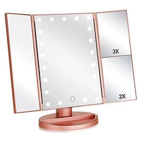 LED Makeup Mirror, LED Lighted Tabletop Mirror with 1X/2X/3X Magnification, 180 Degree Rotation (Rose Gold) (1/5)