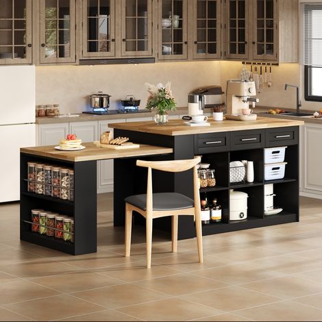 Îlot central de cuisine 150x90x90 cm avec table à manger coulissante, 6 tiroirs, rangements réglables, plan de travail effet bois, MDF, noir (1/5)