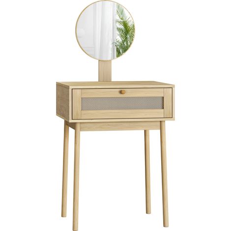 Toeletta con specchio rotondo e cassetto in rattan 60x50x128 cm rovere MODENUIT (1/5)