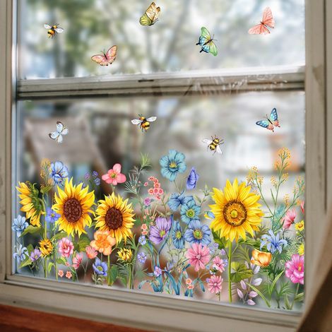 Adesivi per finestre con girasoli, farfalle e api - Fiori primaverili ed estivi per il giardino - Decorazione per finestre adesiva elettrostatica bifacciale, ideale per bambini, aule scolastiche, casa (1/5)