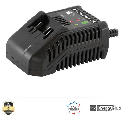 Peugeot – Chargeur pour électroportatif 18V – Compatible Lithium-ion – Courant de charge 2A – Dimensions 20x10x5 cm – Inclus câble d'alimentation