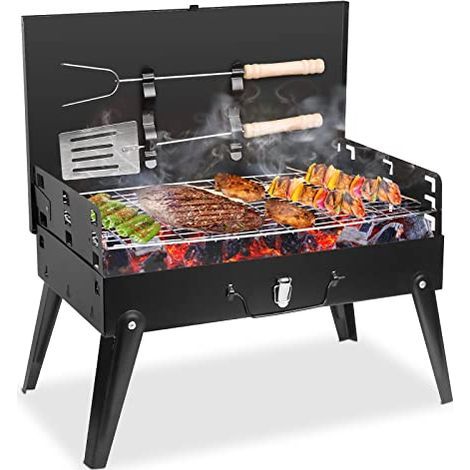 Barbecue portable au charbon de bois, petit barbecue pliable d'extérieur avec accessoires et couvercle, 43 x 26 x 46 cm (1/5)