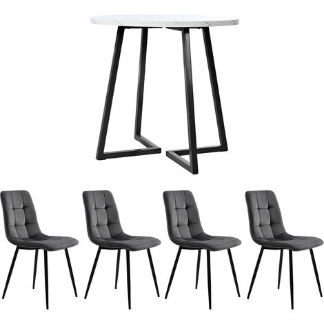 5-teiliges Esszimmer-Set mit rundem Tisch Ø 80 cm, MDF in Marmoroptik, 4 Samtstühle (1/5)
