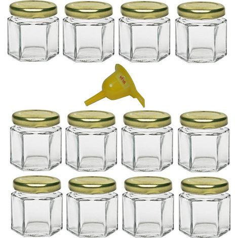 Viva Haushaltswaren GG1060047/12/X - 12 Mini barattoli da 47 ml Ideali per confetture, marmellate, Gelatine, Pesto, Senape e Come Regalo per Gli Ospiti, Coperchio Dorato e Imbuto Inclusi (1/3)