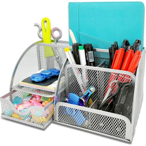 Desk Organizer and Accessory, Mesh Desk Organization, Desk Organizers and Storage with Drawer (Silver)