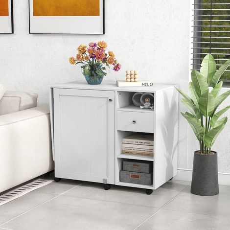 Table de couture pliante blanche avec étagères, tiroir, plateaux et roulettes verrouillables pour atelier et bureau (1/5)