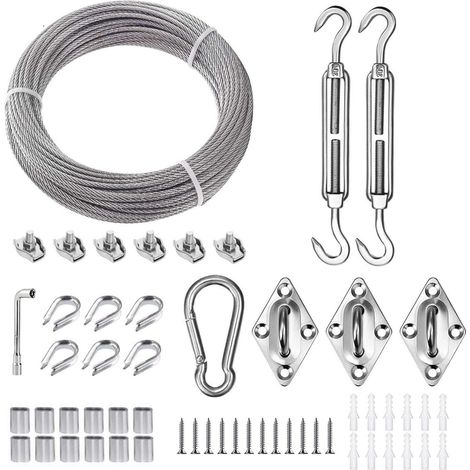 Corde en Acier Inoxydable à Suspendre Kit,3mm Câble Acier avec M5 Tendeurs de Fil,15M Cable en Acier Inoxydable Revêtu,Plaques à œillets M5,Manchons M3,pour Triangulaire Voile d'ombrage