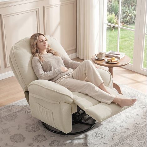 Poltrona relax girevole reclinabile, funzione dondolo, ciniglia crema DESVIAE (1/5)