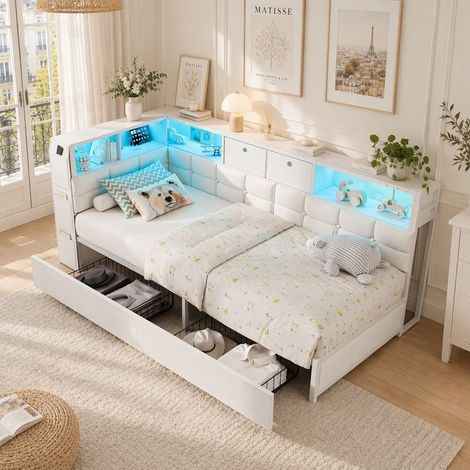 Lit Simple 90×200 cm Tête de Lit d'Angle Étagères, LED, USB, 2 Tiroirs, rangement, Tissu Lin capitonné, Cadre de Lit en Métal, Blanc (1/5)