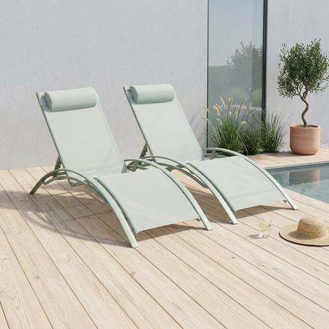 Duo de bains de soleil aluminium vert de gris - Transats aluminium et textilène