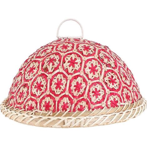 Corbeille à pain/plateau à fruits en rotin tressé à la main, couvercle rond, protection anti-insectes, nappe, couvercle pour restes de fruits et riz, rouge (1/5)