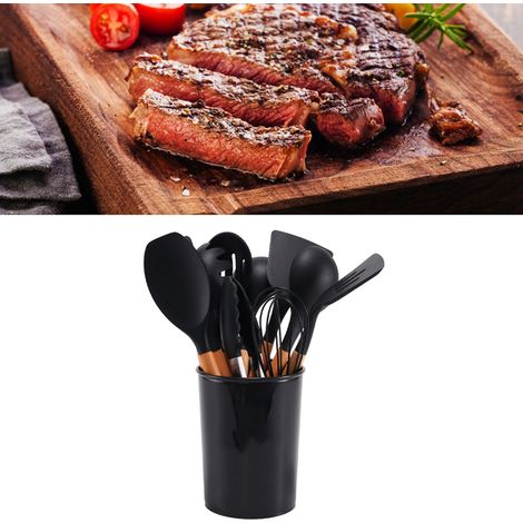 Seau de rangement contenant des ustensiles de cuisine en silicone à manche en bois, des poêles antiadhésives, des spatules et des cuillères, ensemble de 11 pièces + grand seau noir (1/5)