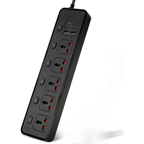 Rallonge universelle avec interface USB-C, charge rapide QC3.0, 20 W, 2 mètres, prise de sécurité Singapour, avec protection contre les surtensions, 5 V CA - Noir - D6 (1/5)