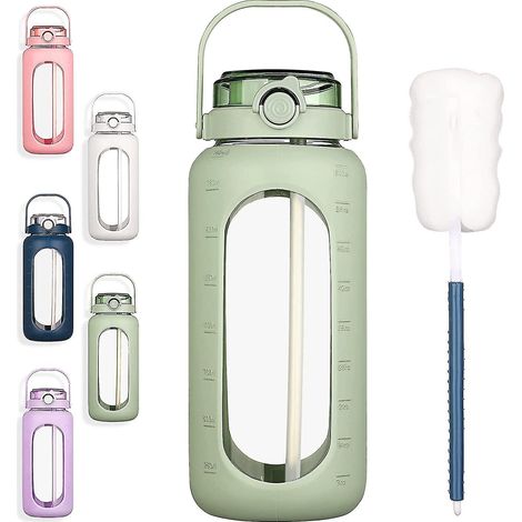 Bouteille d'eau en verre Bluego de 1,9 L (64 oz) avec paille et indicateur de temps, grande bouteille d'eau motivante de 2 L (0,5 gallon) avec housse en silicone, grande carafe d'eau en verre de 2 L (1/5)