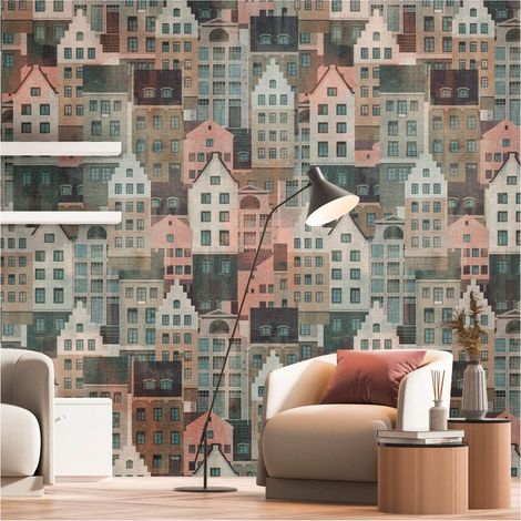 Photo wallpaper wall Profhome 391822 hot embossed non-woven wallpaper smooth with graphical pattern matt multicoloured pastel blue pink beige grey 1,59 m x 2,8 m (1/5)