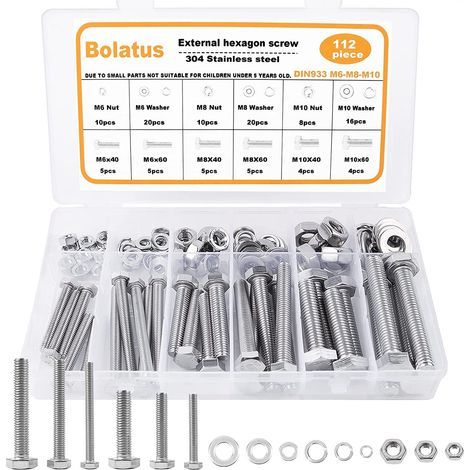 Lot de 112 vis à tête hexagonale M6 M8 M10 DIN 933 en acier inoxydable avec écrous, vis filetées et rondelles dans une boîte de rangement (1/5)