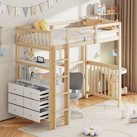 Letto a soppalco con scrivania, letto a soppalco 90x200 cm con 6 cassetti e ripiani, struttura letto in legno di pino, naturale e bianco (1/5)